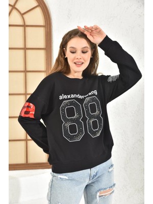 Modkofoni Bisiklet Yaka Baskı ve Taşlı Rakam Figürlü Siyah Kadın Sweatshirt