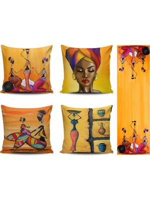 Alkan Homes Afrikalı Kızlar Modern Desenli 4lü Kombin Kırlent Kılıfı+Runner