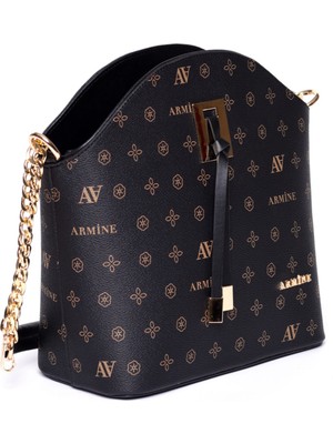 Armine Kadın Siyah Baskılı Omuz Çantası Standart Ebatlı Şık Görünüm ve Ergonomik Tasarım