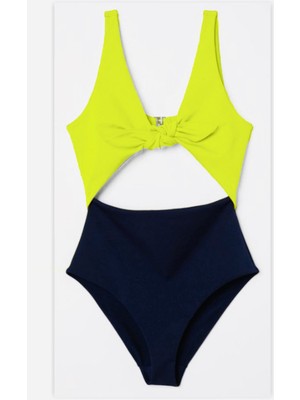 DB20097M SİYAH-NEON SARI ÖNÜ AÇIK FİYONKLU KAPLI MAYO