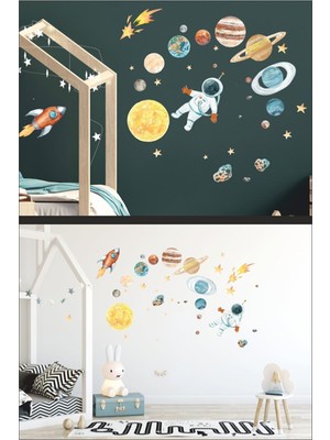 Kt Grup Uzayda Astronot Uzay Mekiği Gezegenler ve Yıldızlar Çocuk Odası Duvar Sticker
