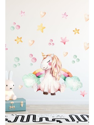 Kt Grup Unicorn Rüyası Renkli Puantiye Yıldızlar ve Kalpler Duvar Sticker Seti