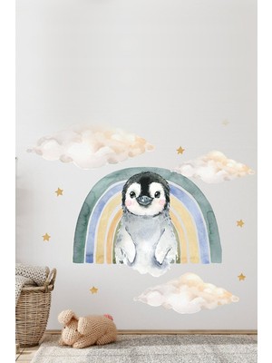 Kt Grup Sevimli Penguen Gökkuşağı Bulutlar ve Yıldızlar Çocuk Odası Duvar Sticker Seti