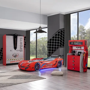 Sports Çocuk Odası Takımı, Kırmızı - Mercedes Arabalı Yatak - Dolap - Şifonyer