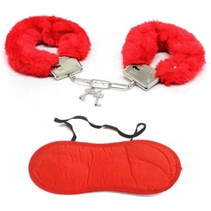 Kırmızı Renk Tüylü Otrişli Anahtarlı Peluş Kelepçe ve Kırmızı Uyku Bandı Seti