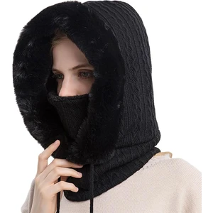 B Baosity Bayan Bere Şapka Eşarp Maske Seti Kış Örme Sıcak Yüz Koruma Siyah