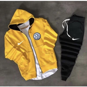 Amor Man Wolkswagen Logo Baskılı Kapüşonlu Tam Fermuarlı Kışlık Dış Mekan Yeni Trend Erkek Eşofman Takımı