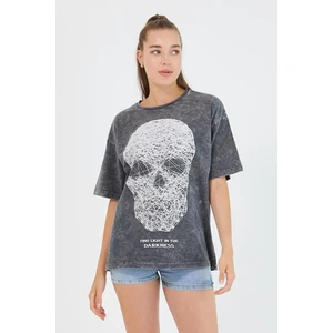 Polo State Kadın Parça Boya Baskılı Oversize Basic T-Shirt  Antrasit
