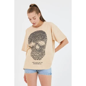 Polo State Kadın Parça Boya Baskılı Oversize Basic T-Shirt  Bej