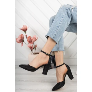 Merve Baş Siyah Çupra Yüksek  Kalın Topuk Kadın Klasik Topuklu Ayakkabı