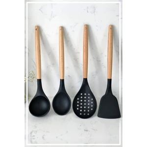 Senin Dükkanın Silikon Bambu Saplı 4 Parça Mutfak Servis Seti Siyah(Kepçe-Kaşık-Kevgir-Spatula) Silikon Bambu Saplı 4 Parça Mutfak Servis Seti Siyah(Kepçe-Kaşık-Kevgir-Spatula)