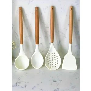 Senin Dükkanın Silikon Bambu Saplı 4 Parça Mutfak Servis Seti Beyaz (Kepçe-Kaşık-Kevgir-Spatula)