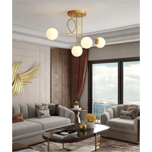 Fer Avize  Jade Özel Tasarım Modern Spor Beyaz Glop Camlı Gold 4’lü Avize