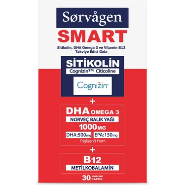 Sorvagen Smart Sitikolin, Dha Omega 3 Ve B12 (30 Kapsül) Norveç Balık