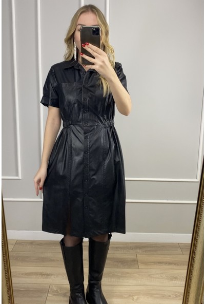 Axxel Güler Tekstil Önü Düğmeli Deri Elbise 3269 Siyah