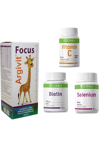 HEKİM Boy Uzamasına Yardımcı Argivit Focus Şurup 150 ml + Biotin 102+ Selenyum 92+Vitamin C 62 Tablet