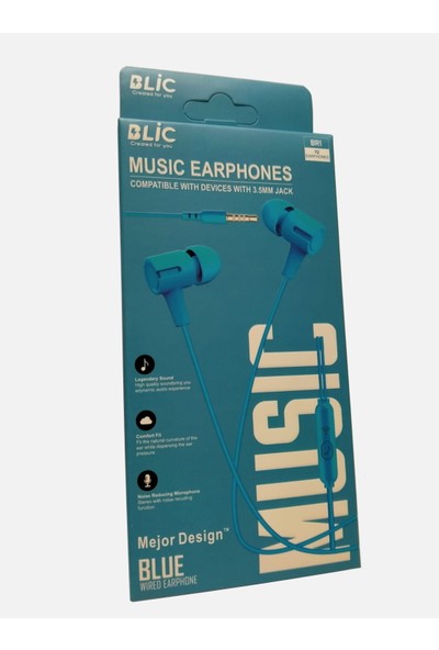 Blic Kulakiçi Mikrofonlu Kumandalı 3,5mm Jack Girişli Kulaklık Mavi