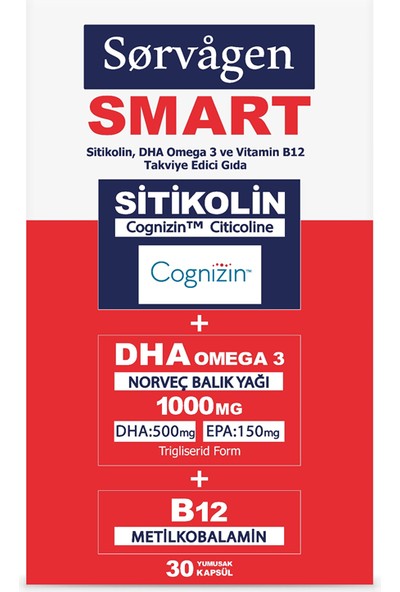 Sorvagen Smart Sitikolin, Dha Omega 3 Ve B12 (30 Kapsül) Norveç Balık Yağı