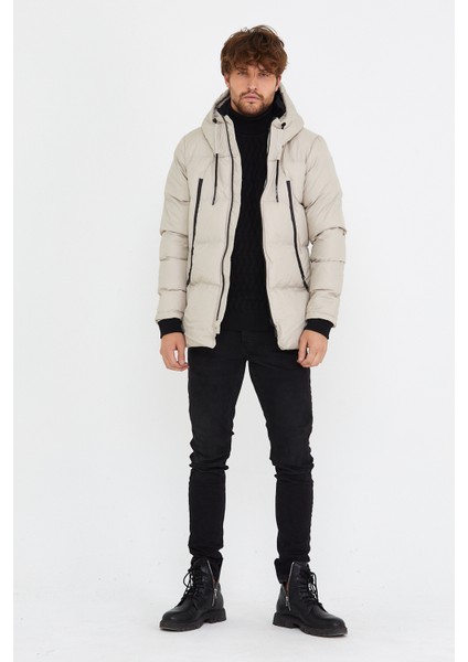 Erkek Taş Slim Fit Kapüşonlu Dik Yaka Şişme Mont