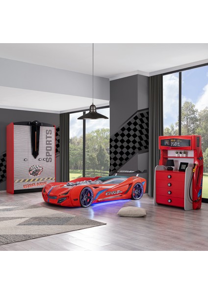 Sports Çocuk Odası Takımı, Kırmızı - Mercedes Arabalı Yatak - Dolap - Şifonyer
