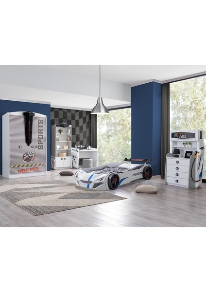 Sports Çocuk Odası Takımı, Beyaz - Merso Arabalı Yatak - Dolap - Masa - Şifonyer - Kitaplık