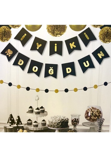 Siyah Üstüne Gold Altın Sarısı Yaldızlı Iyiki Doğdun Yazılı Doğum Günü Partisi Karton Yazı Banner