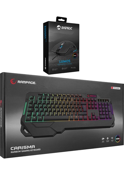 KB-R46 Carısma USB Rainbow Q Oyuncu Klavye + Sgm-L1 Lumos Siyah 6400DPI Rgb Makrolu Oyuncu Mouse