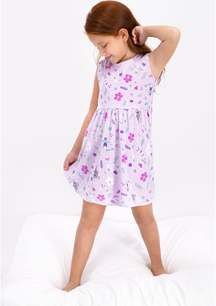 Floral Pattern Açık Lila Kız Çocuk Elbise