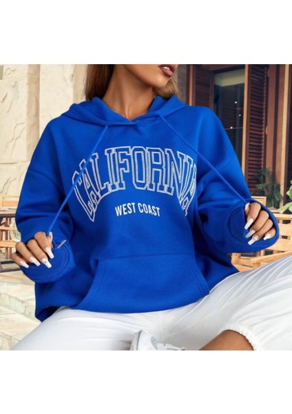 Kapüşonlu Californıa Göğüs Baskılı Şardonlu Pamuk Dokuma Oversize Kadın Sweatshirt
