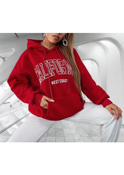 Kapüşonlu Calıfornıa Göğüs Baskılı Şardonlu Pamuk Dokuma Oversize Yeni Stil Kadın Sweatshirt