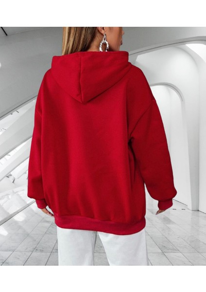 Kapüşonlu Calıfornıa Göğüs Baskılı Şardonlu Pamuk Dokuma Oversize Yeni Stil Kadın Sweatshirt