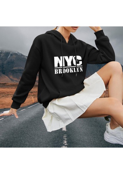Brooklyn Göğüs Baskılı Kapüşonlu Kalın Tam Kışlık Oversize Yeni Stil Kadın Sweatshirt