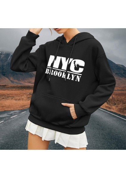 Brooklyn Göğüs Baskılı Kapüşonlu Kalın Tam Kışlık Oversize Yeni Stil Kadın Sweatshirt modelleri