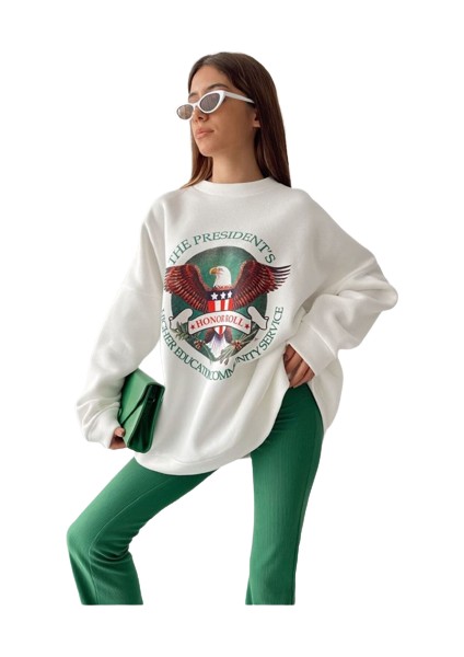 Blacksokak Kadın Beyaz President’s Baskılı Oversize Bisiklet Yaka Sweatshirt