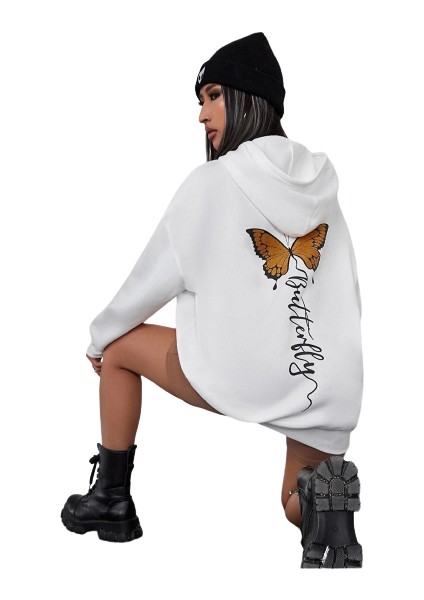 Blacksokak Kadın Beyaz Sırt Kelebek Baskılı Oversize Kapüşonlü Sweatshirt