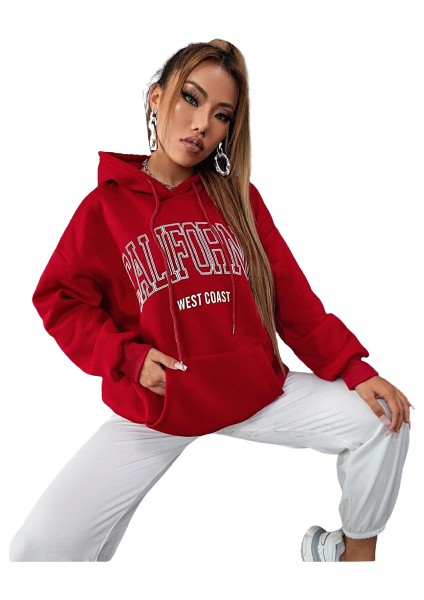 Blacksokak Kadın Kırmızı California Baskılı Oversize Kapüşonlu Sweatshirt