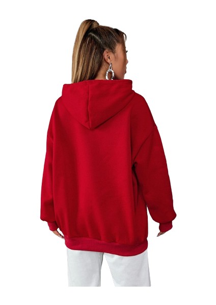 Blacksokak Kadın Kırmızı California Baskılı Oversize Kapüşonlu Sweatshirt fiyatları