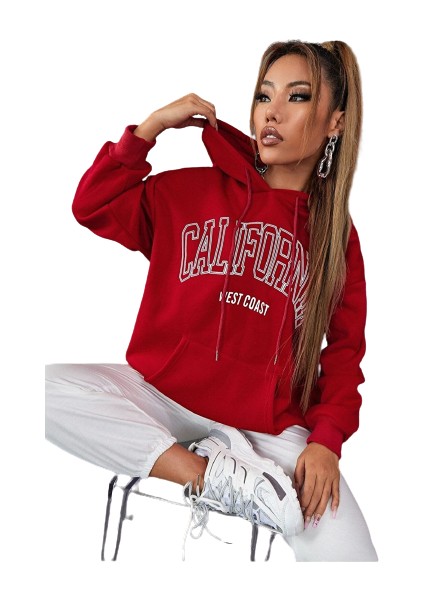 Blacksokak Kadın Kırmızı California Baskılı Oversize Kapüşonlu Sweatshirt modelleri