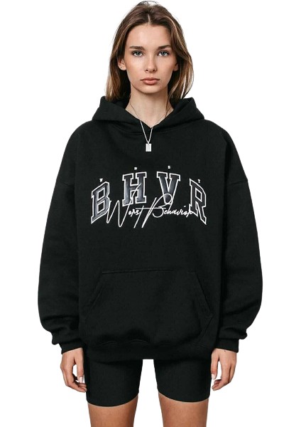 Blacksokak Kadın Siyah Bhvr Baskılı Oversize Kapüşonlu Sweatshirt