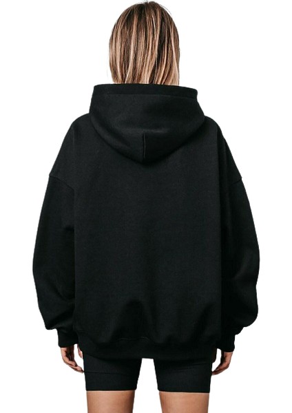 Blacksokak Kadın Siyah Bhvr Baskılı Oversize Kapüşonlu Sweatshirt