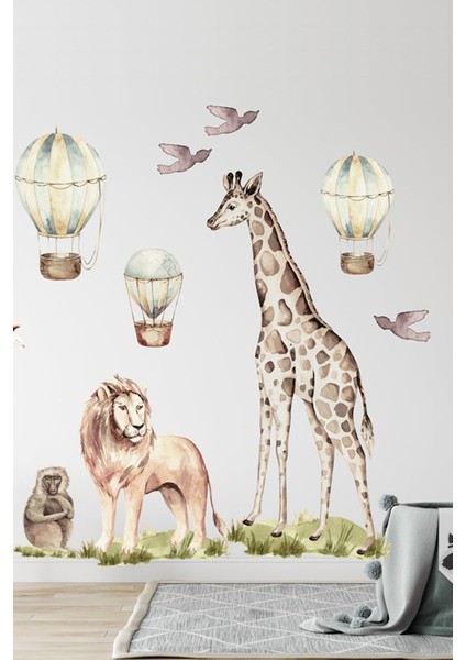 Afrikan Safari Aslan Zürafa Maymun ve Kuşlar Duvar Sticker