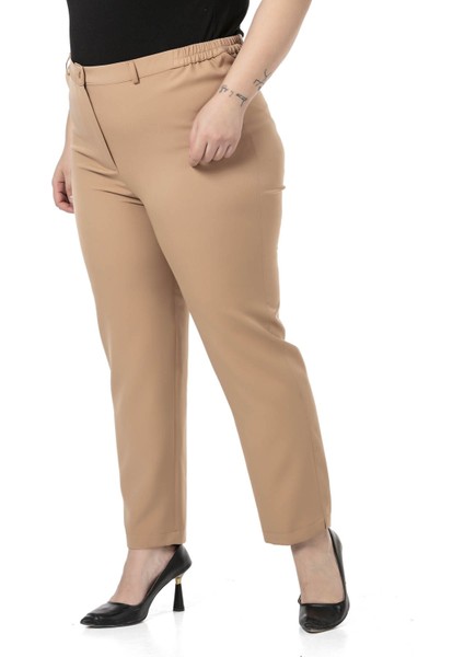 Büyük Beden Beli Yanlardan Lastikli Fermuarlı Paçası Yırtmaçlı Bej Pantolon fiyatları