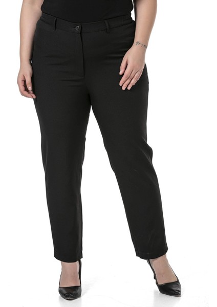 Büyük Beden Beli Yanlardan Lastikli Fermuarlı Paçası Yırtmaçlı Siyah Pantolon