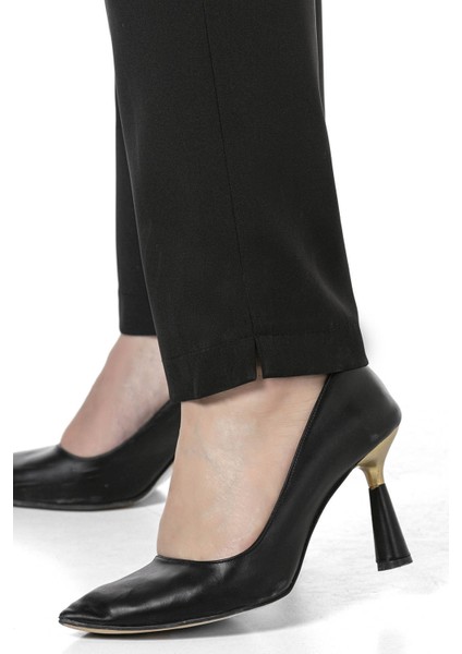 Büyük Beden Beli Yanlardan Lastikli Fermuarlı Paçası Yırtmaçlı Siyah Pantolon indirimleri