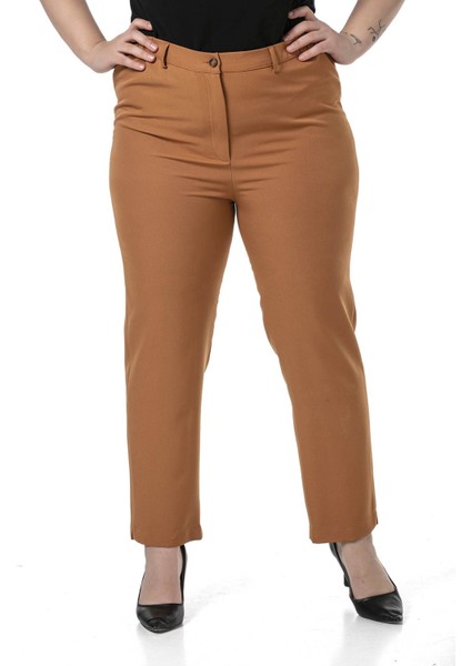 Büyük Beden Beli Yanlardan Lastikli Fermuarlı Paçası Yırtmaçlı Kahverengi Pantolon
