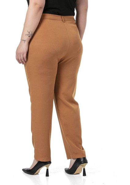 Büyük Beden Beli Yanlardan Lastikli Fermuarlı Paçası Yırtmaçlı Kahverengi Pantolon modelleri