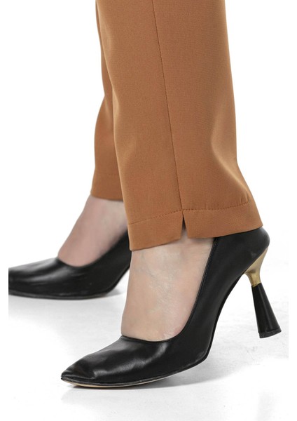 Büyük Beden Beli Yanlardan Lastikli Fermuarlı Paçası Yırtmaçlı Kahverengi Pantolon indirimleri