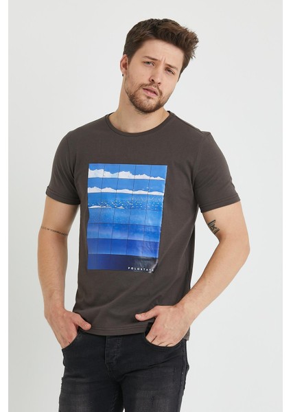 Erkek Baskılı T-Shirt Kahverengi