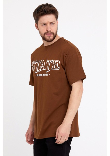 Erkek Oversize Baskılı T-Shirt Taba