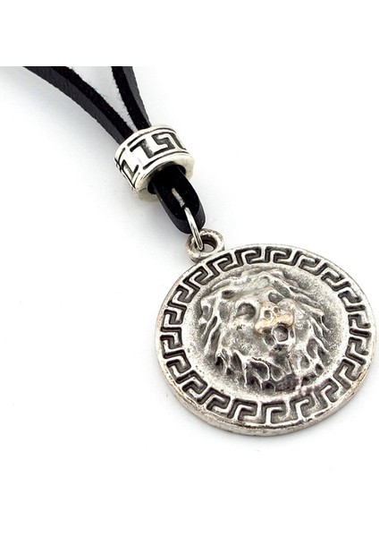 Leo Greek Sembol Aslan Metal Siyah Deri Erkek Kolye Q0445